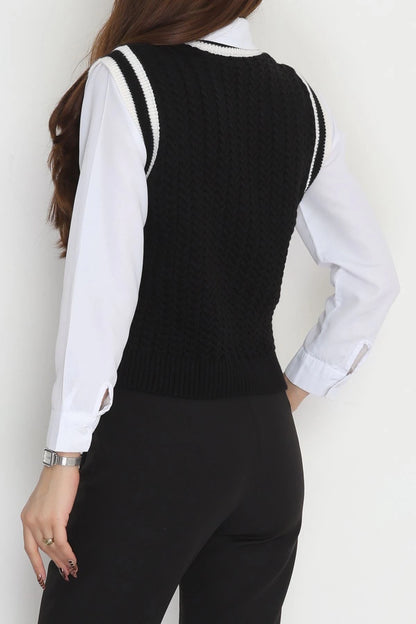 Women’s V-Neck Knitwear Sweater Vest – Black & Latte